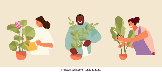 People gardeners caring for houseplants. Home garden hobby vector illustration