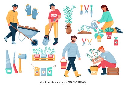 People gardeners. Cartoon characters working with seeds plants and soil in garden and farm, male and female workers planting vegetables. Vector set