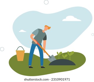People gardening. Cartoon character working with farmer tools .cultivating plants.