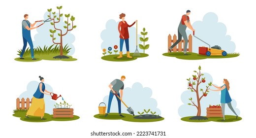 People gardening. Cartoon characters working with farmer tools cultivating plants, agriculture workers landscaping garden flat style. Vector colorful set. Man cutting tree branches, planting