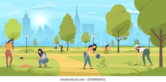 People gardening in a city park during a sunny day. Vector illustration