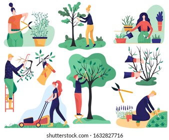 People gardening and cutting tree branches, cartoon characters vector illustration. Set of stickers in flat style, men and women cultivating plants in garden, orchard trees gardener and home greenery