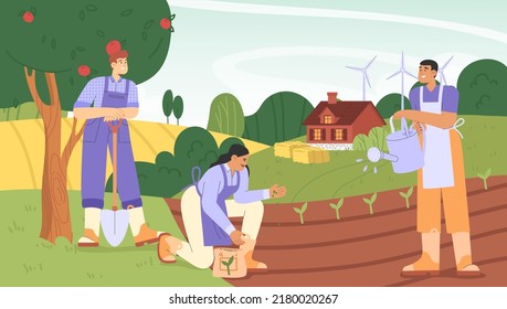 People gardening. Flat vector illustration with a group of people working together in the garden. Concept of garden job.