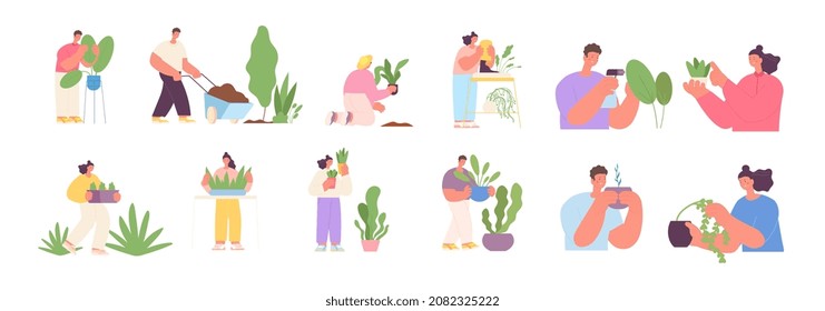 People gardening. Garden farmers working, gardener group with plants. Organic planting, home greens in pots. Person grow flowers utter vector kit