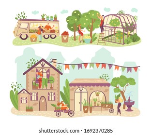 People gardening and harvesting, growing fruits season, home garden isolated vector illustrations. Green plants in nature or in house summer gardeners and harvest season.