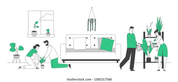 People Gardening at Home. Happy Family Couple Homework with Plants. Man and Woman Characters Caring of Flowers, Removing to another Pot, Watering from Can. Cartoon Flat Vector Illustration, Line Art