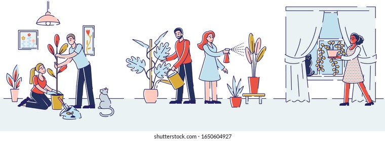 People Gardening at Home. Happy Family Couple Homework with Plants. Man and Woman Characters Caring of Flowers, Removing to another Pot, Watering from Can. Cartoon Flat Vector Illustration, Line Art