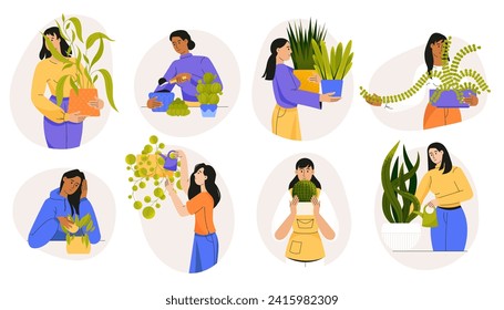 People gardening home plants. Cartoon characters cultivate flowers in pots and watering plants, floral decorative houseplant. Vector isolated set. Women taking care and watering houseplants