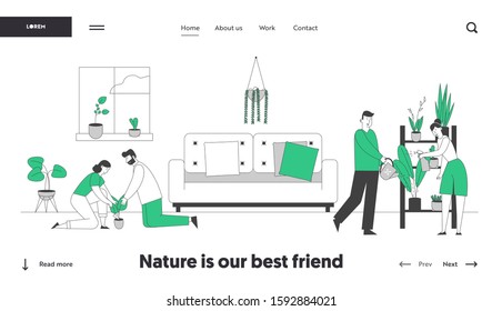 People Gardening at Home Website Landing Page. Happy Family Couple Homework with Plants Caring of Flowers, Removing to Pot, Watering from Can Web Page Banner. Flat Vector Illustration, Line Art