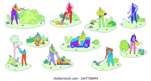 People Gardening, Line Man Cartoon Character With Lawn Mower And Shears, Isolated Set Vector Illustration. Gardener Work, Trimming Bushes And Watering Plants. Summer Lawn Garden Maintenance Outdoor