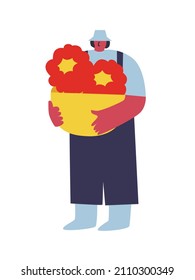 People gardening. man holding basket of berries. Vector landscape designers and farming equipment
