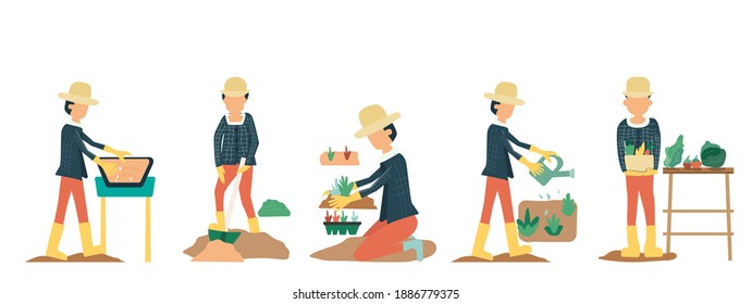 People gardening. Man planting garden vegetables. Agricultural hobby gardener of plants outdoor. Vector drawn illustrations of plants in pots. Man working on farm Flat vector icon set