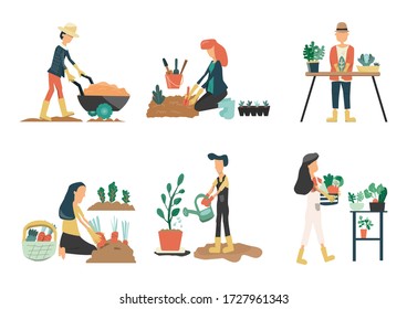 La gente jardinería. Hombre y mujer plantando verduras de huertas, plantas de afición de agricultores agrícolas en casa y al aire libre. Se dibujan ilustraciones de plantas en ollas trabajando.conjunto de iconos de vector plano de granja