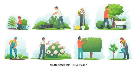 People are gardening. Men and women plant vegetables, water and tend and harvest. Gardeners mow lawns and bushes, plant flowers, potatoes and tomatoes. A set of characters working in the garden. Vecto