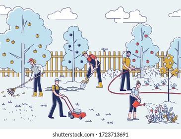 People Gardening. Men And Women are Planting Plants, Flowers, Mowing the Lawn, Raking Leaves, Cultivate And Watering Soil. Agriculture and Garden Job. Cartoon Linear Outline Flat Vector Illustration