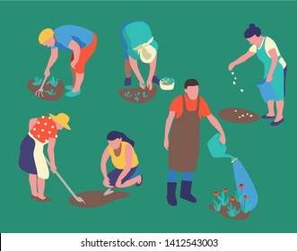 People gardening. Men and women working in the garden. Summer work in the garden, planting, cultivation, watering, transplanting sprouts, fertilizer soil. The concept of self-sufficiency. Vector