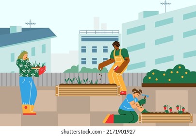 People gardening on the rooftop in the city, community garden concept - flat vector illustration. Group of people working together for the environment. Volunteers growing strawberry on roof.