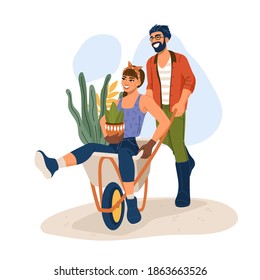 People gardening and planting. Man and woman with wheelbarrow and plants enjoy agricultural work. Flat vector illustration isolated on white background.