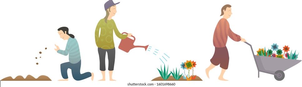 People gardening. People planting seeds, watering flowers and moving a wheelbarrow loaded with plants on transparent background.