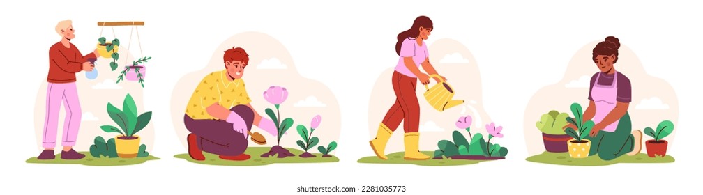 People gardening set. Collection of men and women planting and watering flowers in garden. Caring for ecology, nature and environment. Cartoon flat vector illustrations isolated on white background