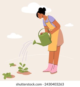 People gardening. Spring gardening concept. Woman planting gardens flowers. Flat vector characters illustration.
