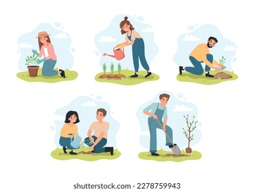 People gardening in spring. Men and women planting, watering and taking care of plants. Vector illustartion set in flat cartoon style