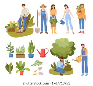 People gardening vector flat illustration. Men and women with watering plants and digging the garden, growing flowers and vegetables. Agriculture gardener hobby and garden job concept.