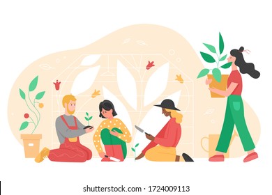 People gardening vector illustration. Cartoon flat man woman group of gardener characters planting flower, fruit tree or houseplant in pot, working in garden. Agricultural hobby isolated on white