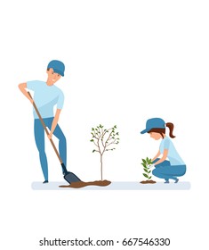 People Gardening Volunteers. Group Of Volunteer Planting In Park. Man And Woman Holding Shovel And Planting Plants And Trees. Vector Illustration, People In Cartoon Style.