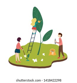 people gardening and water the grass