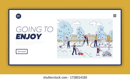 People Gardening. Website Landing Page. Men And Women Planting Plants, Flowers, Mowing the Lawn, Raking Leaves, Cultivate And Watering Soil. Web Page Cartoon Linear Outline Flat Vector Illustration