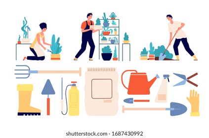 People gardening. Woman gardener, agriculture tools. Garden workers, harvesting and farming. Flat urban natural planting vector illustration