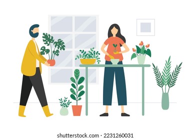 People gardening. Woman in gloves replanting sprout into new flowerpot. Man carrying plant. Characters taking care of houseplant indoor. Pots with plants on table in room vector illustration