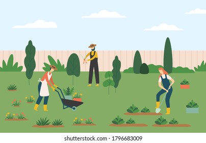 Las personas que trabajan en la jardinería, las mujeres y los hombres trabajan en la agricultura cultivando plantas y flores en el césped o en el patio trasero. Carácter tirando de carretillas con macetas, hombre trabajando con tijeras ilustración vectorial