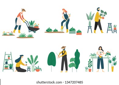People gardening. Woman planting gardens flowers, agriculture gardener hobby and garden job. Gardening person, gardener flowers cutter working. Flat vector illustration isolated icons set
