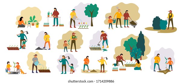 People gardening. Woman planting gardens flowers, agriculture gardener hobby and garden job. Gardening person, gardener flowers cutter working. Family works in the garden. Flat vector icons set