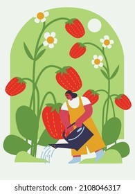 People gardening. Woman planting gardens strawberry, agriculture gardener hobby plants outdoor. summer strawberry. Vector landscape designers and farming equipment. Funny colored typography poster.