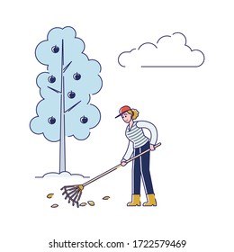 People Gardening. Woman Is Raking Leaves, Take Care Of Apple Orchard. Agriculture and Garden Job. Young Smiling Volunteer Is Working Outdoors. Cartoon Linear Outline Flat Style. Vector Illustration
