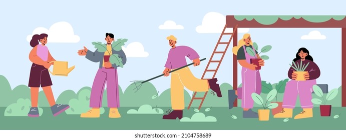 People gardening works on farm or garden. Men and women farmers planting and watering sprouts, raking ground. Happy farmers characters group working in summer orchard Line art flat vector illustration