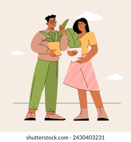 People gardening. Young man and woman with a pot flowers, agriculture gardener hobby. Flat vector characters illustration.