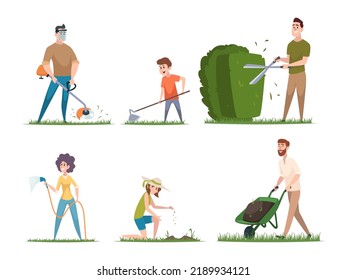 People Gardenning. Characters Outdoor Cleaning Grass With Lawn Mowing Sitting With Flowers Loving Nature Exact Vector Cartoon Illustrations