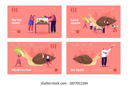 People and Gastropod Mollusk Pet Hobby, Fauna Creature Landing Page Template Set. Tiny Characters Care of Huge Achatina Snail Feeding and Cleaning Terrarium, Making Selfie. Cartoon Vector Illustration