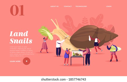 People and Gastropod Mollusk Pet Hobby, Fauna Creature Landing Page Template. Tiny Characters Care of Huge Achatina Snail Feeding and Cleaning Terrarium, Making Selfie. Cartoon Vector Illustration
