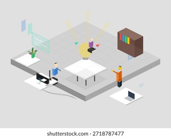 People gather around a table in a bright space. They share ideas and use devices. One person stands and points while others engage with materials and a screen.