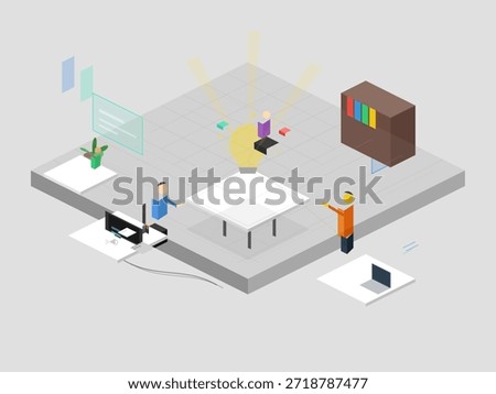 People gather around a table in a bright space. They share ideas and use devices. One person stands and points while others engage with materials and a screen.