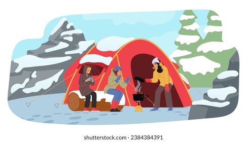 People Gather In A Cozy Tent During Their Hiking Camp In The Serene Winter Wilderness. Roaring Fire, Warm Conversations, And Shared Adventures Create Lasting Memories. Cartoon Vector Illustration