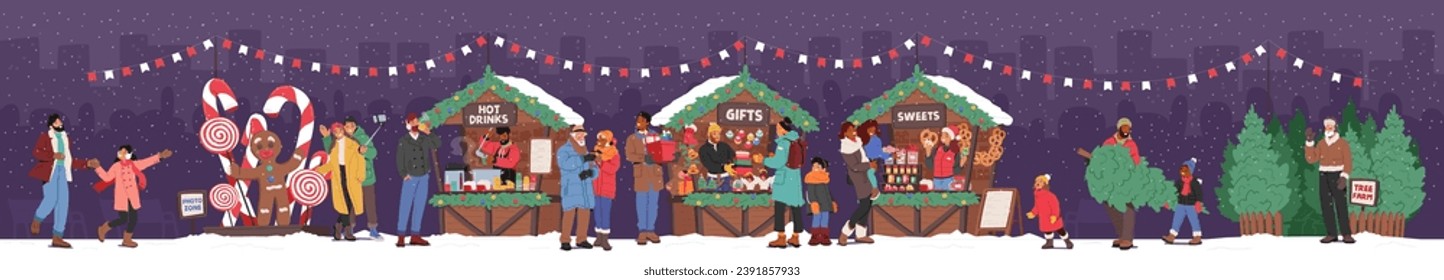 People Gather At The Enchanting Christmas Fair, Amidst The Twinkling Lights, Browsing Stalls, Posing At The Festive Photo Zone And Choosing Trees At The Charming Tree Farm. Cartoon Vector Illustration