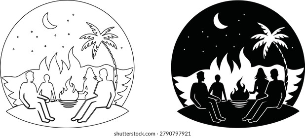 People gathered around bonfire under starry night sky vector illustration in black silhouette and thin line art style.