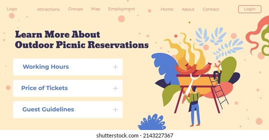 People gathered for barbeque, learn more about outdoor picnic reservations. Working hours and price of tickets, guest guidelines for visitors. Website landing page template, vector in flat style 