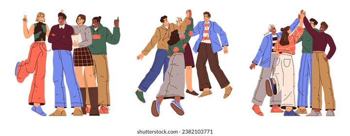 People gathered in group for free time spending. Team building from company or friends hanging around on weekends. Men and women characters. Flat cartoon character, vector illustration